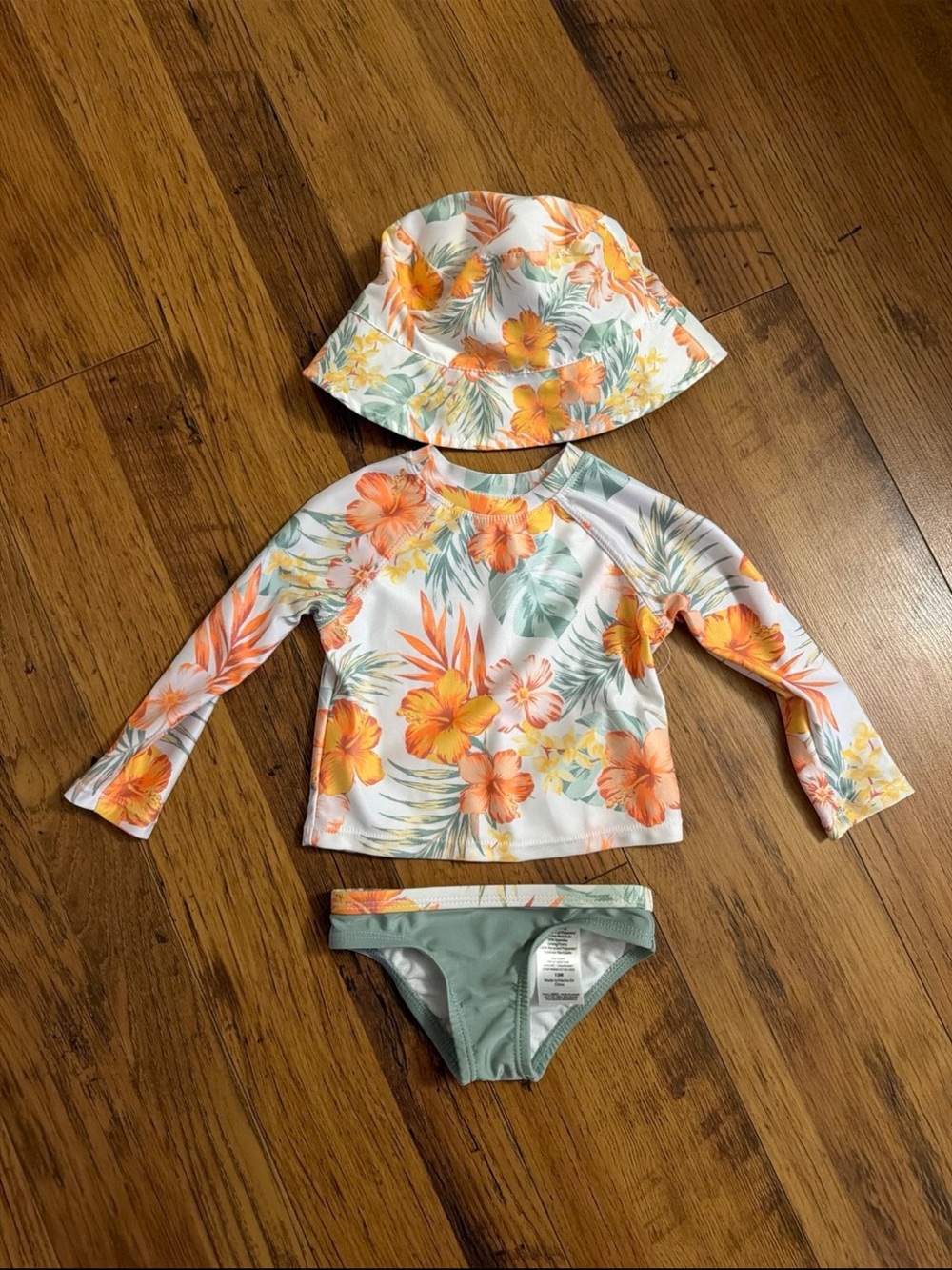 Orange & Green Floral Long-Sleeve Rash Guard Set with Sun Hat